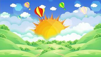 Bright colorful hot air balloons flying in the blue sky behind the sun video