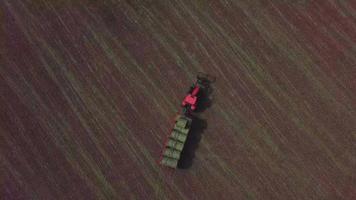 Vista aérea de drone de arriba hacia abajo de un tractor rojo en un campo en 4k video