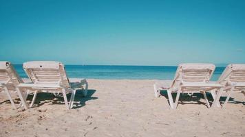 Sunbeds waiting for tourists on a clean beach video