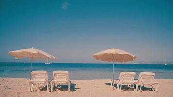 Chaises de plage prêtes pour les touristes sur une station balnéaire video