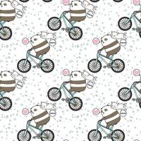 Seamless kawaii panda riding bicycle with cat pattern vector