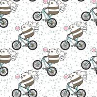 Seamless kawaii panda riding bicycle with cat pattern vector