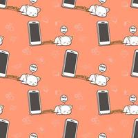 Seamless kawaii prison cat character with smart phone pattern vector