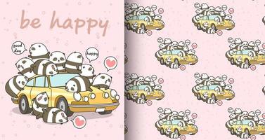 Seamless kawaii panda characters and yellow car pattern