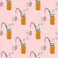 Seamless kawaii panda fishing a cat pattern vector