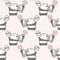 Seamless kawaii panda talking with cat on video pattern vector