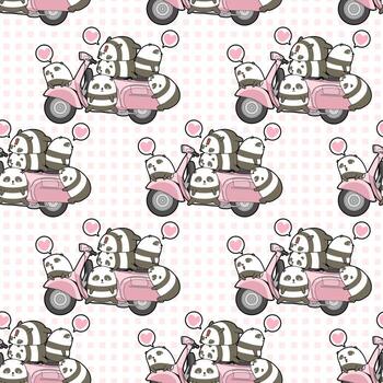 pandas kawaii sin fisuras y patrón de motocicleta rosa vector