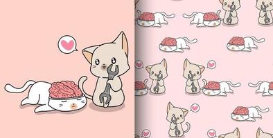 Seamless pattern hand drawn kawaii cat looking at brain vector