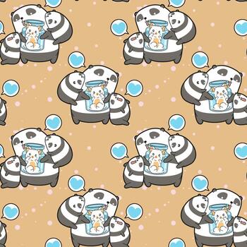 pandas kawaii sin fisuras y gato en patrón de botella vector
