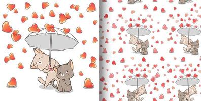 Cats holding umbrella while it rains hearts pattern vector