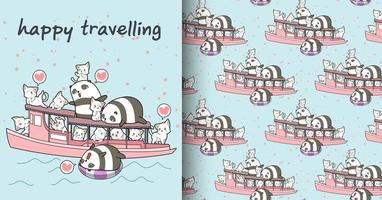 Seamless kawaii pandas and cats on boat holiday pattern vector