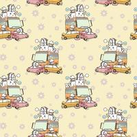 Seamless kawaii pandas and giant cat car accident pattern vector