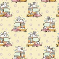 Seamless kawaii pandas and giant cat car accident pattern vector