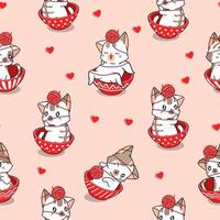 Seamless pattern adorable cat inside red bowl with yarn vector