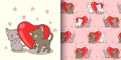 patrón sin costuras kawaii gato personajes y corazón rojo vector