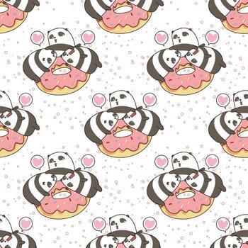 pandas kawaii sin costuras con patrón de rosquilla rosa vector