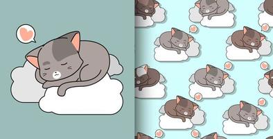 Seamless pattern hand drawn cute cat sleeping on cloud vector