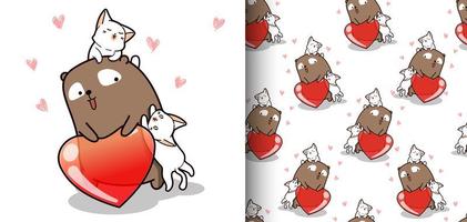 oso kawaii de patrones sin fisuras y 2 gatos con corazón vector