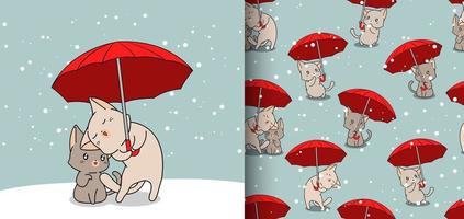 Seamless pattern kawaii cats in umbrella on snow background vector