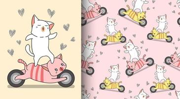 patrón sin costuras kawaii gato está montando motocicleta gato vector