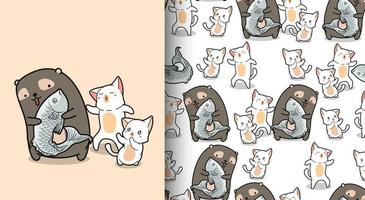 Seamless pattern kawaii bear catching fish with cute cats vector