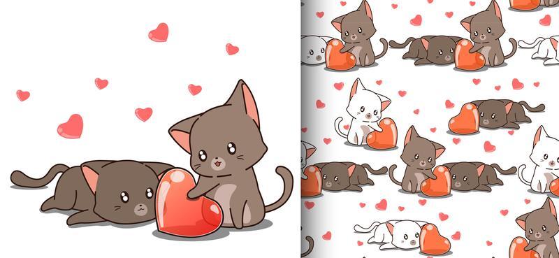 Seamless pattern kawaii cats looking at heart