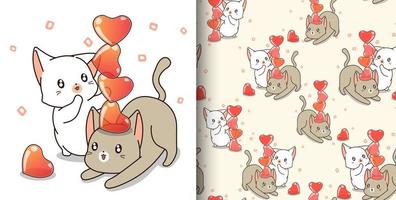 personajes de gato de patrones sin fisuras están jugando corazones de gelatina vector