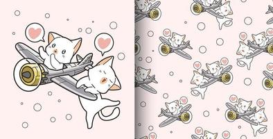 Seamless pattern hand drawn 2 kawaii cats riding airplane vector