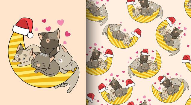 gatos kawaii de patrones sin fisuras y la luna vector