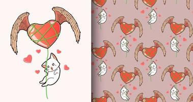 gato kawaii de patrones sin fisuras volando a través del corazón alado vector