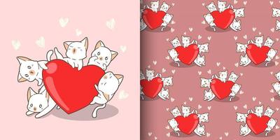 Seamless pattern kawaii cat characters hugging big heart vector