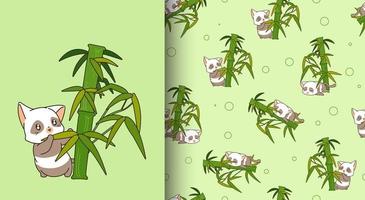 Seamless pattern kawaii panda cat character with bamboo vector