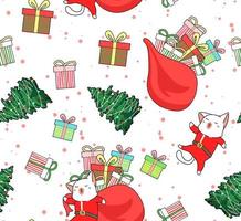 Seamless pattern Santa cat, Christmas tree and presents vector