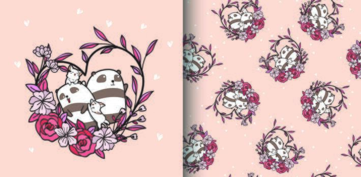 Seamless pattern pandas and cats with heart flower vector