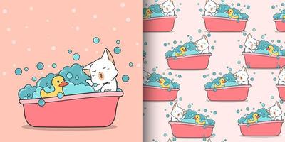 Seamless pattern kawaii cat bathing with rubber duck vector