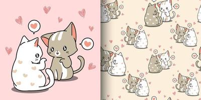 kawaii pareja gatos susurrando amor con patrón de corazones vector