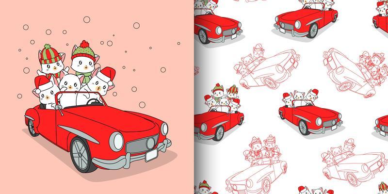 Seamless pattern adorable cats inside red car