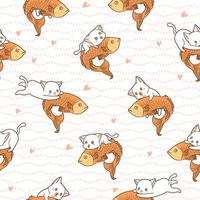 Seamless pattern kawaii cat riding big fish vector