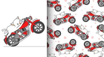 Seamless pattern kawaii cat riding red motorcycle vector