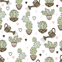 Seamless pattern with cactus in pots and watering pots vector