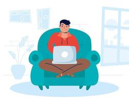 Man using the laptop at home vector