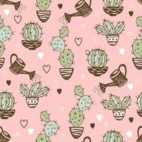 Seamless pattern with cactus in pots and watering pot vector