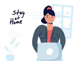 campaña de oficina en casa con mujer en la computadora portátil vector