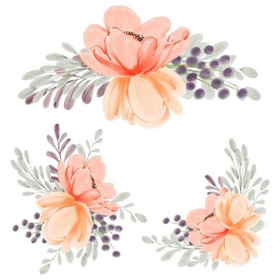 Watercolor peach peony floral arrangement set for decoration element
