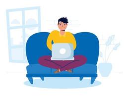 Man using the laptop at home vector