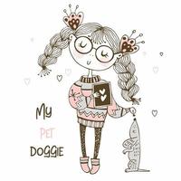 Girl in a sweater playing with a dog vector