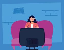 Stay home campaign with woman watching TV vector