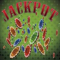 Poker chips many falling green background text Jackpot vector