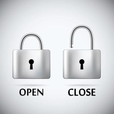Locked and unlocked steel Padlock with text