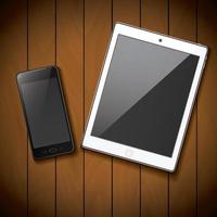 Mobile phone and tablet mockup on wood background vector